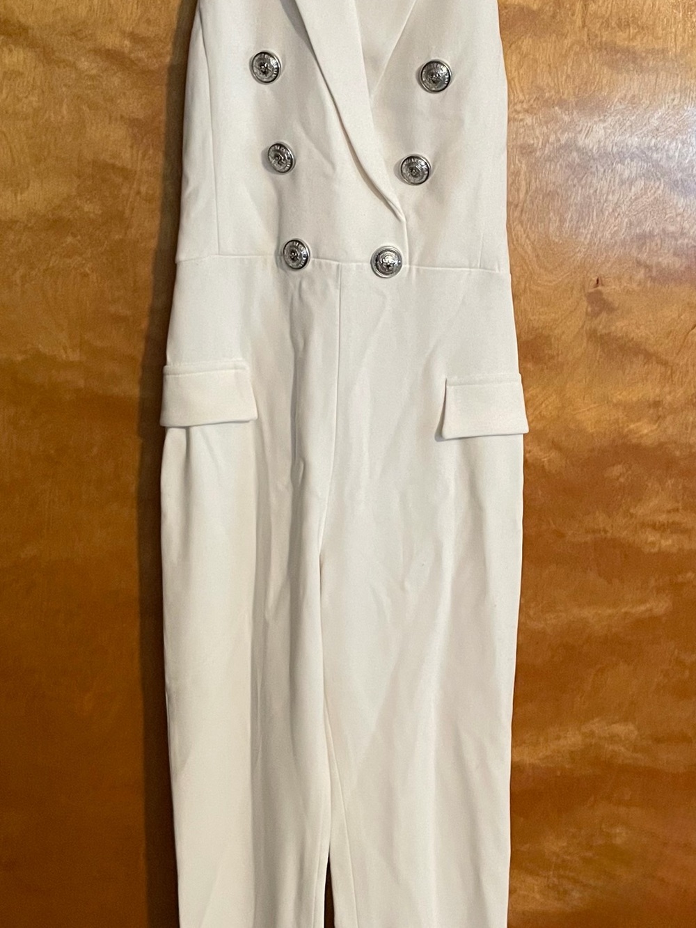 Balmain White Double-Breasted Sleeveless Jumpsuit with Silver Buttons